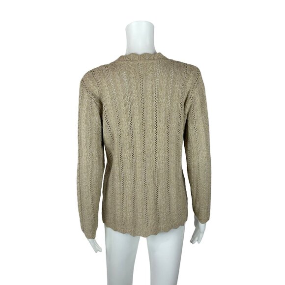 Vintage 80s Tan Cardigan Women's Medium Cable Knit Granny Sweater - Picture 9 of 10